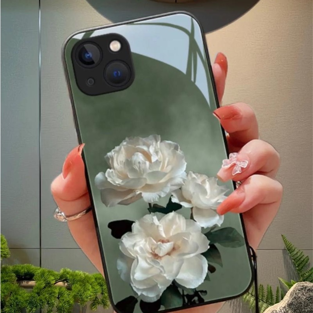 Floral Glass Back Phone Case – White Rose on Green